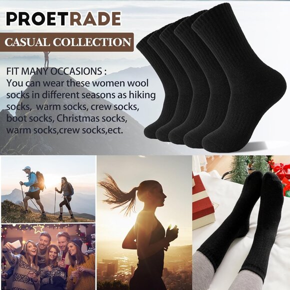 Women's Black Merino Winter Thermal Thick Warm Hiking Crew Cozy Comfy Work Socks - Picture 7 of 7